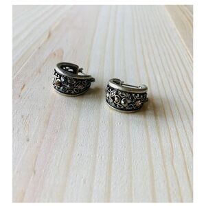 Vintage european ornate silvertone rhinestone studded huggie hoop earrings